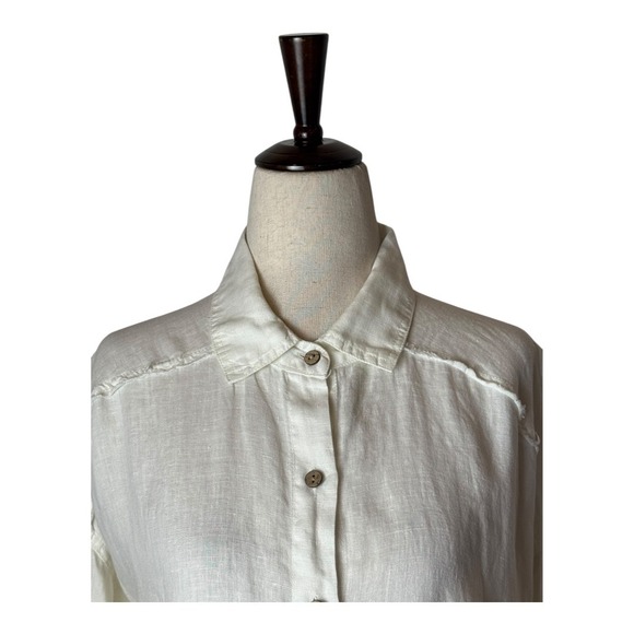 XCVI Shirt Women Medium White Linen Raw Hem Long Sleeve Button Down Top Preppy - Picture 4 of 12